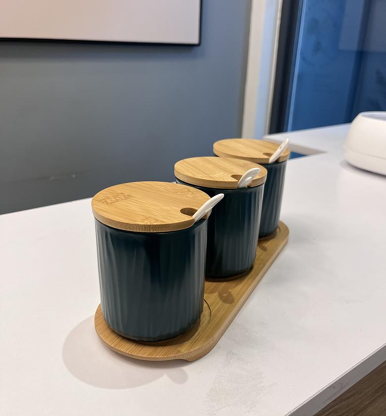 Ceramic container with bamboo cover and holder image