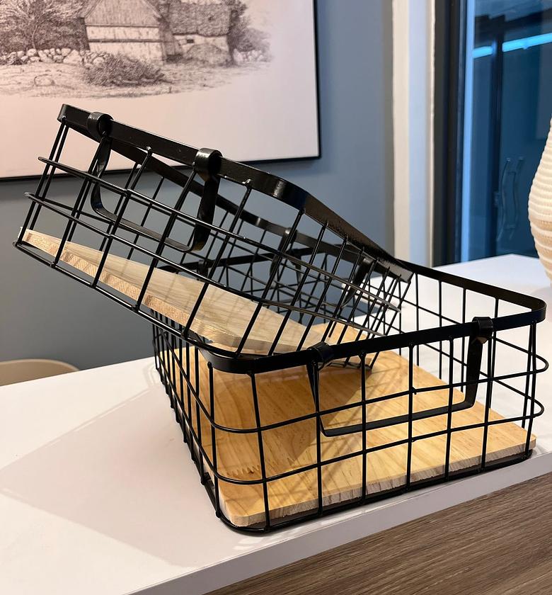Wire basket with a wooden base image